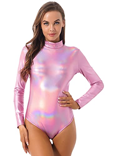 iEFiEL Damen Metallic Body Rollkragen Holographische Body Langarm Top Shirt Trikot Leotard Tanz-Kostüm DS Stage Glänzend Jumpsuit Clubwear Rosa XXL von iEFiEL