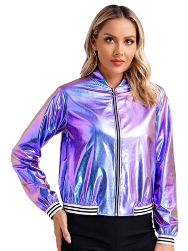 iEFiEL Damen Metallic Jacke Sweatjacke Herbst Winter Oberteiler Silber Faschingskostüm Halloween Bolero Streetwear Blau S von iEFiEL