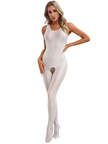 iEFiEL Damen Öl Ganzkörperanzug Offener Schritt Body Ärmellose Bodysuit Ganzanzug Glanzende Catsuit Jumpsuit Overall Weiß XL von iEFiEL