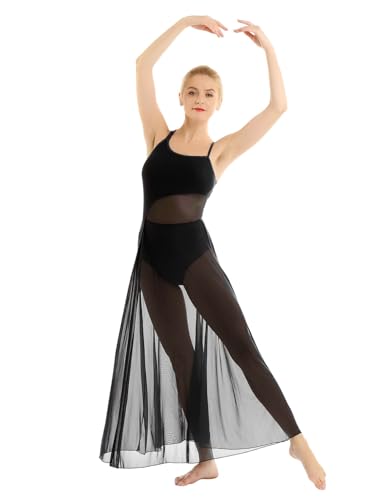 iEFiEL Damen Ballettkleid Ballett Trikot Lyrisch Kleid mit Asymmetrisch Schlitz Tanzrock Latin Tanzkleider Leotard Mesh Träger Kleider Schwarz A M von iEFiEL