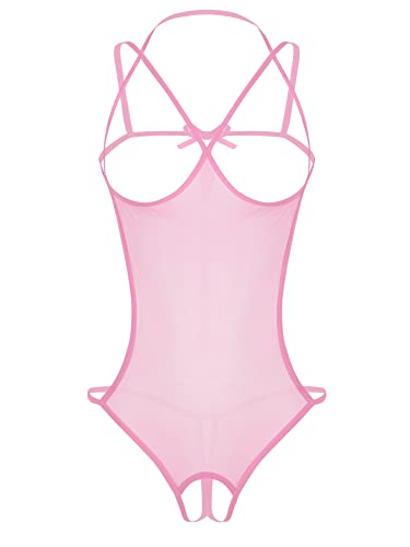 iEFiEL Damen Dessous Babydoll Mesh Body Eiteiler Bodysuit Durchsichtig Bodysuit Öffener Schritt Stringbody Brustfrei Lingerie Rosa Einheitsgröße von iEFiEL