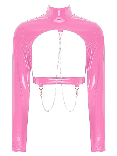 iEFiEL Damen Wetlook Crop Top Lackleder Langarmshirts Brustfrei T-Shirts Bauchfrei Oberteile Kurz Glänzende Unterhemd Rave Ledertop Rosa S von iEFiEL