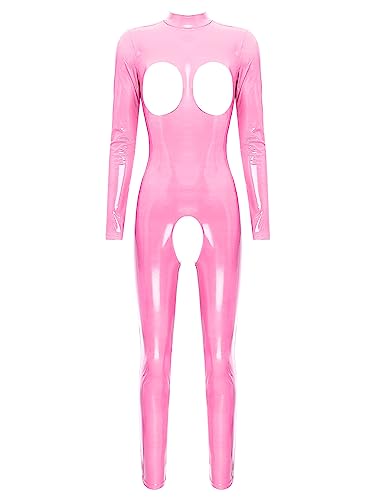 iEFiEL Damen Wetlook Jumpsuit mit Reißverschluss Leder-Look Body Catsuit glänzend Overall Dessous Ouvert-Leggings Clubwear Td Rosa 4XL von iEFiEL