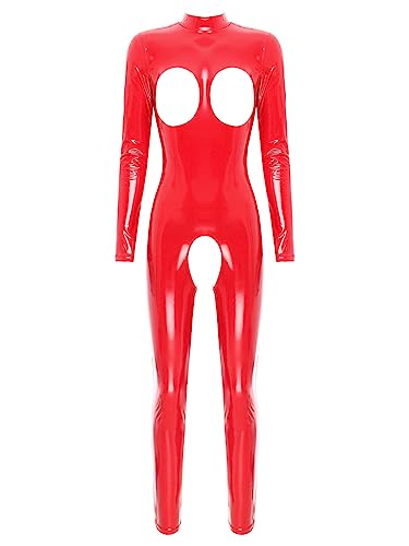 iEFiEL Damen Wetlook Jumpsuit mit Reißverschluss Leder-Look Body Catsuit glänzend Overall Dessous Ouvert-Leggings Clubwear Td Rot 3XL von iEFiEL