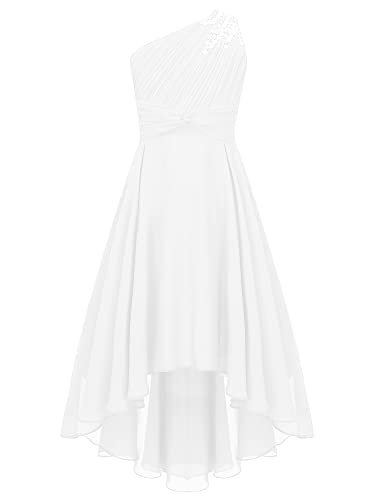 iEFiEL Mädchen Festlich Kleid Elegante Hochzeitskleid EIN-Schulter Blumenmädchenkleider Abendkleid Vokuhila Kleid Partykleid Sommerkleid A Elfenbein 170-176 von iEFiEL