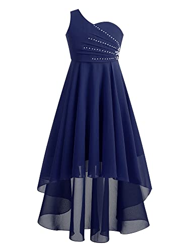 iEFiEL Elegante Mädchen Kleid Festlich EIN-Schulter Hochzeitskleid Blumenmädchenkleider Abendkleid Vokuhila Kleid Partykleid Sommerkleid Za Marineblau 110-116 von iEFiEL