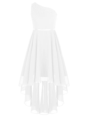 iEFiEL Elegante Mädchen Kleid Festlich EIN-Schulter Hochzeitskleid Lang Blumenmädchenkleider Prinzessin Kleid Cocktailkleid Chiffon Partykleid Xa Elfenbein 134-140 von iEFiEL