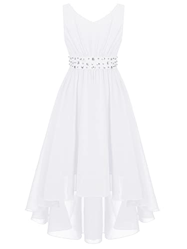 iEFiEL Elegante Mädchen Kleid Festlich V-Ausschnitt Blumenmädchenkleider Hi-Lo Hochzeit Chiffon Sommerkleid Partykleider Ballkleider Festzug A Weiß 140 von iEFiEL