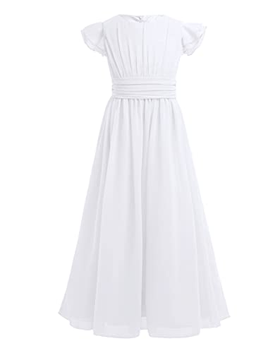 iEFiEL Festlich Kleid für Mädchen Kinder Hochzeit Kleid Prinzessin Erstkommunion Kleid Chiffon Festzug Sommerkleid Brautjungfer Gr. 104-164 Weiß 128 von iEFiEL