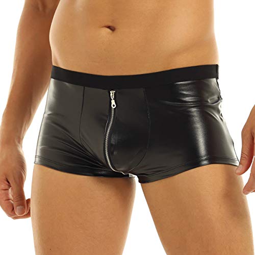 iEFiEL Herren Boxershorts Wetlook Unterwäsche Kurze Hose Pants Kunstleder Boxer Briefs Trunk mit Zipper Bulge Beutel Gr. M L XL 2XL Schwarz M von iEFiEL