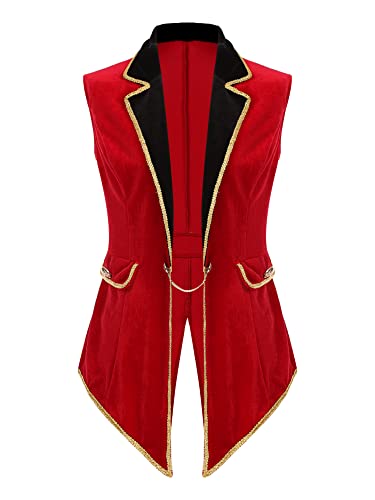 iEFiEL Damen Samt Zirkus Blazer Jäckchen Ringmaster Kostüm Stehkragen Kurzjacke mit Quasten Showman Kostüme Cosplay Vintage Jacket Outerwear T Rot Ärmellose L von iEFiEL