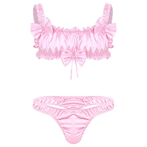 iEFiEL Herren Dessous Satin BH Büstenhalter Crop Top + Sissy Höschen Tanga Slips Unterwäsche Set Männer Reizwäsche Bikini Set M-XL D_ Rosa XL von iEFiEL