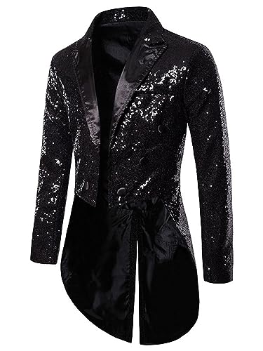 iEFiEL Herren Glitzer Frack Jacke Pailletten Sakko Smoking Mantel Blazer Freizeit 70er Disco Kostüm Anzugjacke Mottoparty Kostüm Schwarz L von iEFiEL