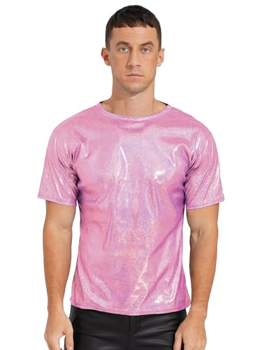 iEFiEL Herren Metallic T-Shirts Kurzarm Hemd Glänzende Oberteile Halloween 70er 80er Disco Tanzkostüm Top Sommer Freizeitshirts Rosa L von iEFiEL