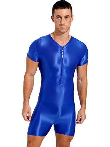 iEFiEL Herren Öl Body Glossy Ganzanzug Kurz Bodysuit Bodycon Sportbody mit Reißverschluss Eng Stretch Gymnastikbody Unterwäsche Blau XL von iEFiEL