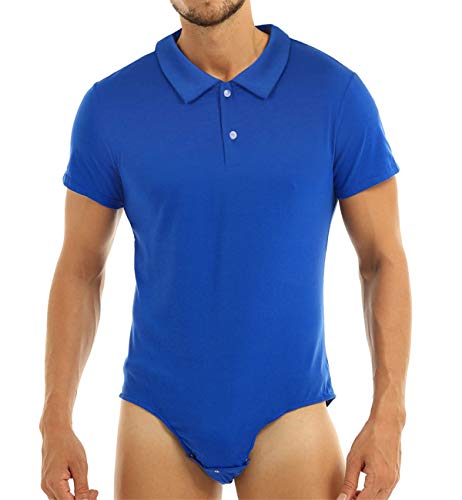 iEFiEL Herren Overall mit Kent Kragen Kurzarm Poloshirt Hemd Bodysuit mit Druckknöpfe im Schritt Männer Sportbody Tops Clubwear Blau M von iEFiEL