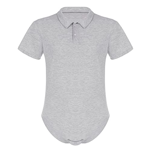 iEFiEL Herren Overall mit Kent Kragen Kurzarm Poloshirt Hemd Bodysuit mit Druckknöpfe im Schritt Männer Sportbody Tops Clubwear Grau XL von iEFiEL