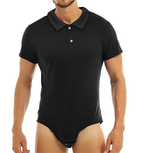 iEFiEL Herren Overall mit Kent Kragen Kurzarm Poloshirt Hemd Bodysuit mit Druckknöpfe im Schritt Männer Sportbody Tops Clubwear Schwarz XL von iEFiEL