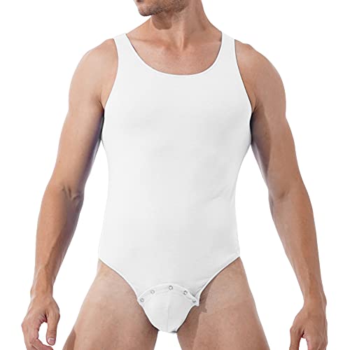 iEFiEL Herren Overall mit Kent Kragen Kurzarm Poloshirt Hemd Bodysuit mit Druckknöpfe im Schritt Männer Sportbody Tops Clubwear W Weiß Ärmellos L von iEFiEL