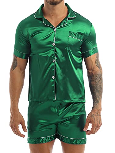 iEFiEL Herren Schlafanzug lang/kurz Satin Jungen Herren Pyjama kurz V-Ausschnitt Schlafanzug Zweiteiliger Sommer Loungewear Grün (Herren) XXL von iEFiEL