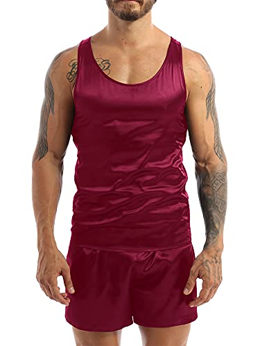 iEFiEL Herren Schlafanzug lang/kurz Satin Jungen Herren Pyjama kurz V-Ausschnitt Schlafanzug Zweiteiliger Sommer Loungewear Y Burgundy (Herren) Ärmellos XXL von iEFiEL