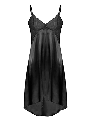 iEFiEL Herren Sissy Kleid lang Satin Nachthemd Nachtkleid mit Spitzen Saum Schlafanzug elegant Herrenkleid weich Pyjama Kleider Schwarz Hi-Lo Stil L von iEFiEL