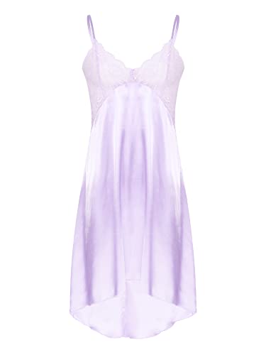 iEFiEL Herren Sissy Kleid lang Satin Nachthemd Nachtkleid mit Spitzen Saum Schlafanzug elegant Herrenkleid weich Pyjama Kleider Violett Hi-Lo Stil 3XL von iEFiEL