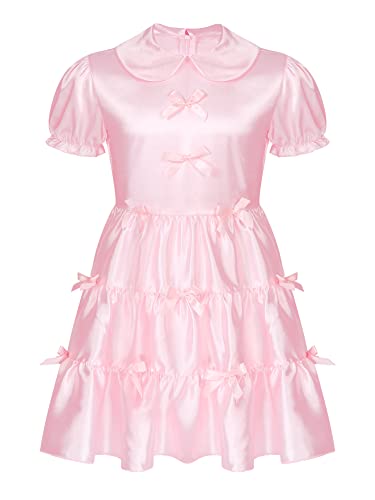 iEFiEL Herren Sissy Kleid mit Rüschen Männer Lolita Kostüm Satin Kleid Dessous Body Cosplay Sexy Nachtwäsche Tütü Röckchen Rosa A-Linie Kleid 3XL von iEFiEL