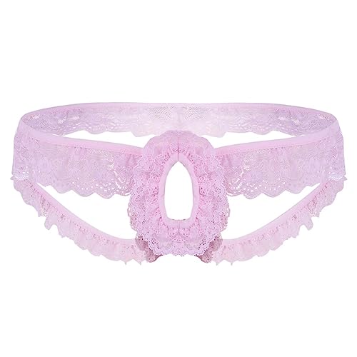 iEFiEL Herren Tangas Slips Sissy Spitzen Unterwäsche Jockstrap Männer Strings Mini Erotik Unterhose mit Penis Hoden Öffnung Rosa XL von iEFiEL