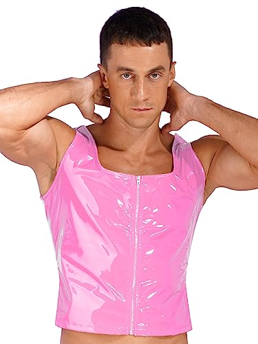 iEFiEL Herren Wetlook Hemd Leder Shirts mit Reißverschluss Lackleder Tanktop Kurz Weste Rave Party Oberteile Rosa XL von iEFiEL