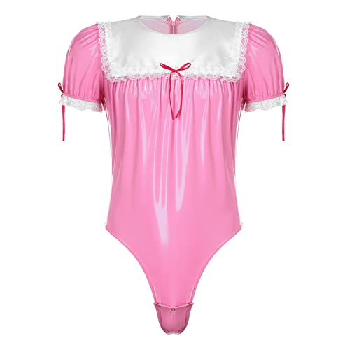 iEFiEL Herren Wetlook Overall Kurzarm Glänzende Bodysuit mit Druckknöpfe im Schritt Lackleder Männer Body Rundhals Tops T-Shirt Clubwear Rosa Spitze 3XL von iEFiEL