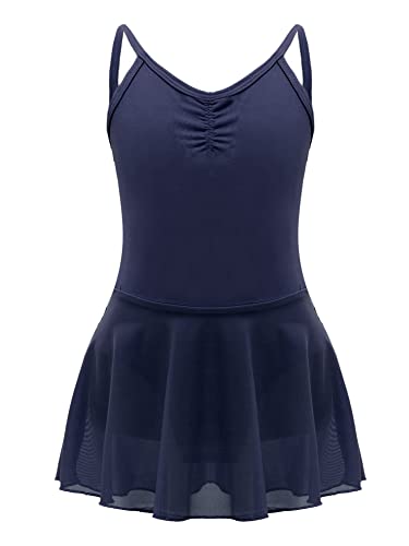 iEFiEL Kinder Ballettkleidung Ärmellose Ballettkleid Mädchen Baumwolle Balletttrikot Rückenfrei Tanzkleid Tanzbody mit Röckchen Tütü Navy Blau Ärmellose 146-152 von iEFiEL