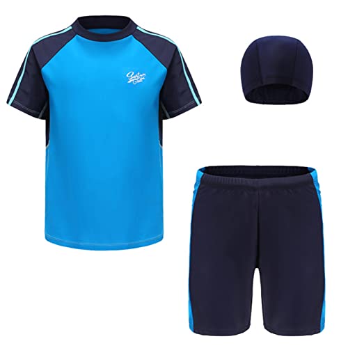 iEFiEL Kinder Jungen Bademode Streifen Schwimmanzug Einteiler UV Schütz Bade-Set Langarm Badeshirt Badeshorts mit Badekappe Blau & Schwarz 140-146 von iEFiEL