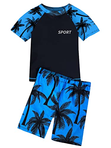 iEFiEL Kinder Jungen Bademode Streifen Schwimmanzug Einteiler UV Schütz Bade-Set Langarm Badeshirt Badeshorts mit Badekappe Yb Blau 152-164 von iEFiEL