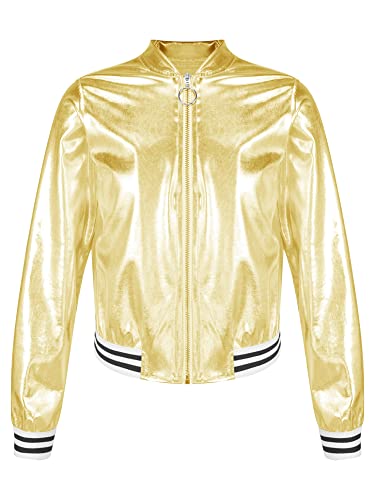 iEFiEL Kinder Jungen Mädchen Metallic Baseball Jacke Kurz Wetlook Jacke Langarm College Sweatjacke Vintage Disco Outfits Y2K Kostüm für Halloween Party Gold 134-140 von iEFiEL