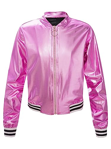 iEFiEL Kinder Jungen Mädchen Metallic Baseball Jacke Kurz Wetlook Jacke Langarm College Sweatjacke Vintage Disco Outfits Y2K Kostüm für Halloween Party Rosa 122-128 von iEFiEL