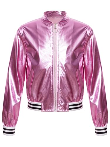 iEFiEL Kinder Jungen Mädchen Metallic Baseball Jacke Kurz Wetlook Jacke Langarm College Sweatjacke Vintage Disco Outfits Y2K Kostüm für Halloween Party Rosa 146-152 von iEFiEL