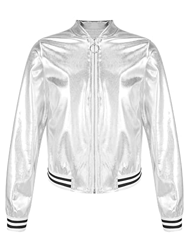 iEFiEL Kinder Jungen Mädchen Metallic Baseball Jacke Kurz Wetlook Jacke Langarm College Sweatjacke Vintage Disco Outfits Y2K Kostüm für Halloween Party Silber 110-116 von iEFiEL