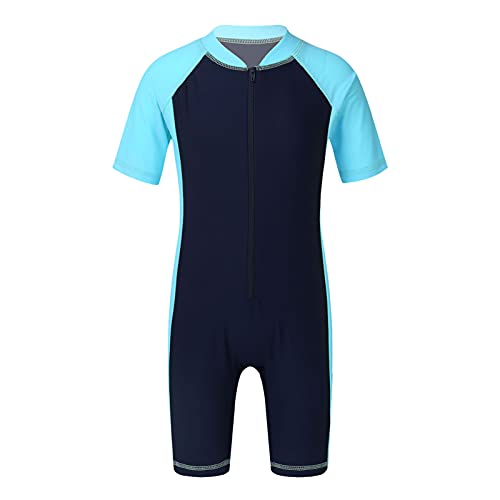 iEFiEL Kinder Mädchen Jungen Einteiliger Badeanzug mit Reißverschluss Kurzarm Schwimmanzug Schnelltrocknend Rash Guard mit Badekappe Navy Blau + Himmel Blau 98-104 von iEFiEL