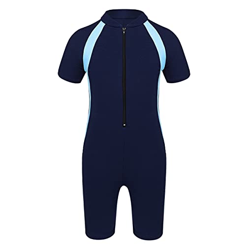 iEFiEL Kinder Mädchen Jungen Einteiliger Badeanzug mit Reißverschluss Kurzarm Schwimmanzug Schnelltrocknend Rash Guard mit Badekappe Navy Blau A 158-164 von iEFiEL