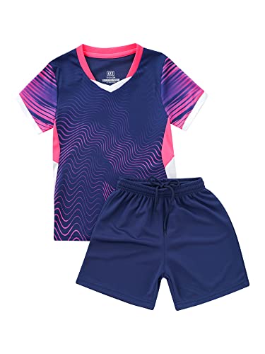 iEFiEL Kinder Mädchen Jungen Fussball Uniform Trikots Set Sportanzug Wettbewerb Sportbekleidung Kurzarm T-Shirt mit Kurze Hosen Shorts Basketball Sport Set Xc Marineblau 146-152 von iEFiEL