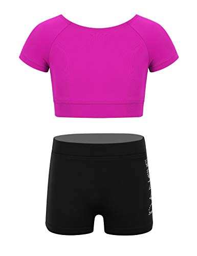 iEFiEL Kinder Mädchen Kurzarm Turnanzug mit Glitzer Strass Zweifarbig Crop Top + Shorts Workout Outfits Gymnastik Trikot Anzug Sets Rose Rot Kurzarm 140-152 von iEFiEL