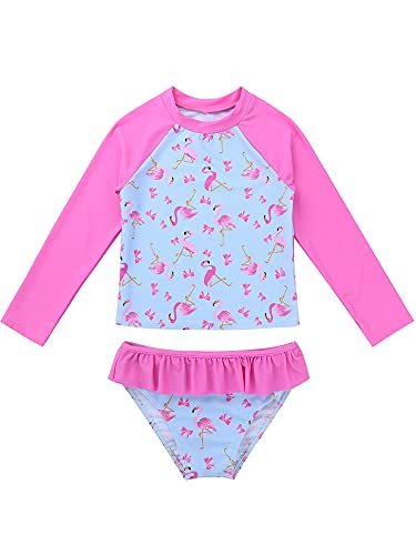 iEFiEL Kinder Mädchen Rash Guard UPF 50+ Meerjungfrau Bikini Badeanzug Floral Bademode Langarm Tankini Sets Schnell trocknend Gr. 92-176 Rose Flamingo 86-92 von iEFiEL