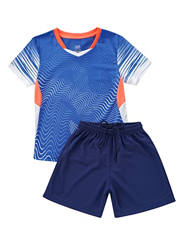 iEFiEL Kinder Mädchen Jungen Fussball Uniform Trikots Set Sportanzug Wettbewerb Sportbekleidung Kurzarm T-Shirt mit Kurze Hosen Shorts Basketball Sport Set Xc Royal Blau 122-128 von iEFiEL