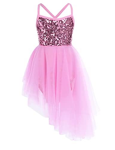 iEFiEL Mädchen Ballettkleid Kinder Glitzer Ballett Trikot Ballettanzug mit Röckchen Tüll Pailletten Kleid Trägerkleid Turnanzug Rosa 152-164 von iEFiEL