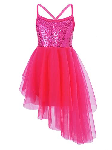 iEFiEL Mädchen Ballettkleid Kinder Glitzer Ballett Trikot Ballettanzug mit Röckchen Tüll Pailletten Kleid Trägerkleid Turnanzug Rose 122-128 von iEFiEL