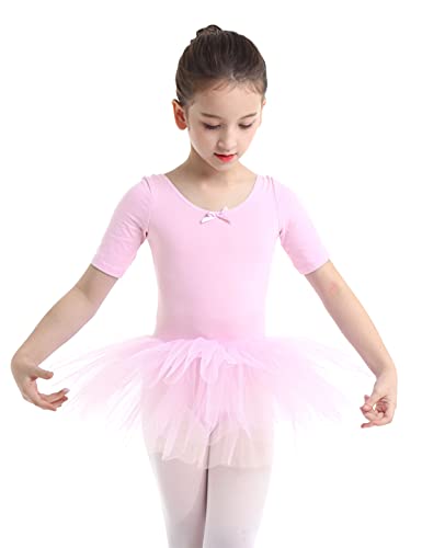 iEFiEL Mädchen Ballettkleid Kurzarm Ballettkleidung Kinder Ballettanzug Tütü Ballett Trikot Turnanzug Tanzkleid mit Röckchen Rosa 110-116 von iEFiEL