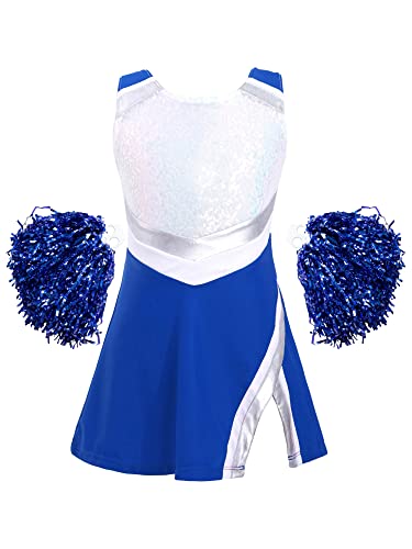 iEFiEL Mädchen Cheer Leader Tanzkostüm Set mit Pompoms Ärmellose Tanzkleid Cheerleading Outfit Tanzanzug Glitzer Bühnenkostüm A Royal Blau 134-140 von iEFiEL