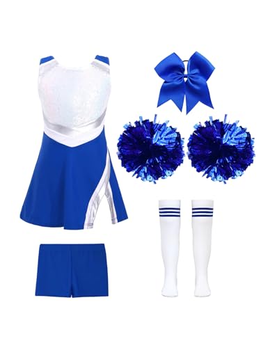 iEFiEL Mädchen Cheer Leader Tanzkostüm Set mit Pompoms Ärmellose Tanzkleid Cheerleading Outfit Tanzanzug Glitzer Bühnenkostüm X Königsblau 134-140 von iEFiEL