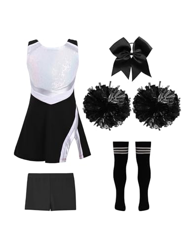 iEFiEL Mädchen Cheer Leader Tanzkostüm Set mit Pompoms Ärmellose Tanzkleid Cheerleading Outfit Tanzanzug Glitzer Bühnenkostüm X Schwarz + Weiß 134-140 von iEFiEL